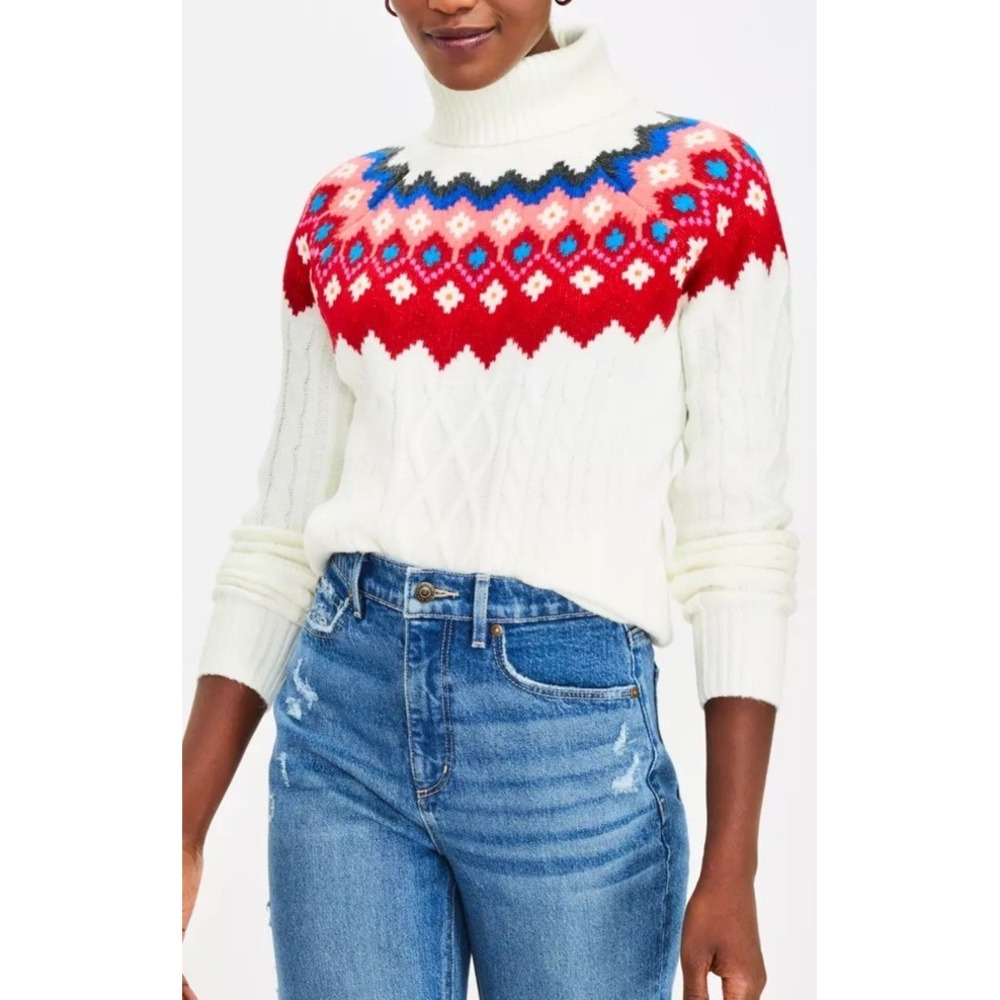 LOFT Womens Fair Isle Turtleneck Cable Knit Wool Blend Sweater Cream Sz L NEW